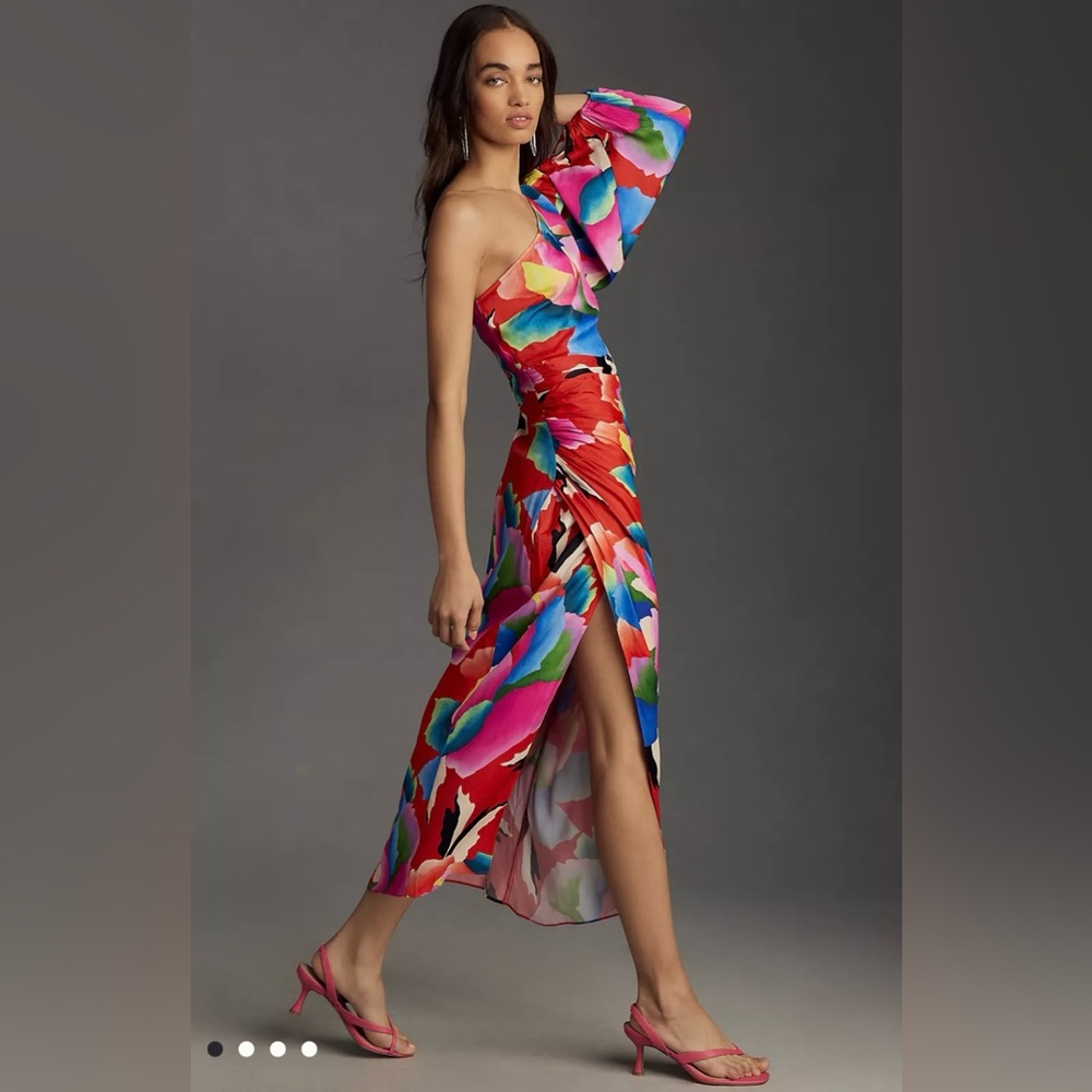 Farm Rio One-Shoulder Slim Floral Midi Dress, S